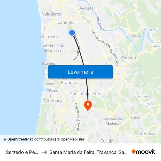 Serzedo e Perosinho to Santa Maria da Feira, Travanca, Sanfins e Espargo map