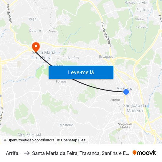 Arrifana to Santa Maria da Feira, Travanca, Sanfins e Espargo map