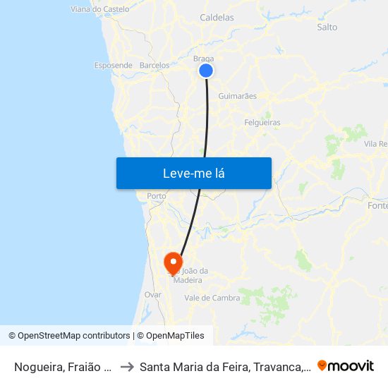 Nogueira, Fraião e Lamaçães to Santa Maria da Feira, Travanca, Sanfins e Espargo map