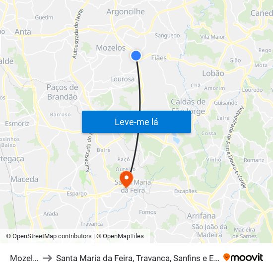 Mozelos to Santa Maria da Feira, Travanca, Sanfins e Espargo map