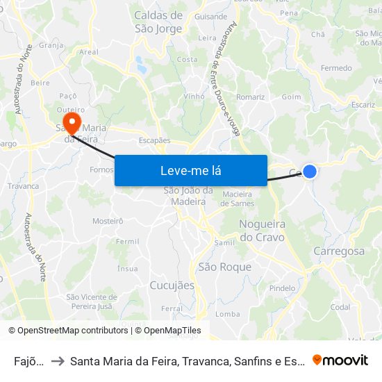 Fajões to Santa Maria da Feira, Travanca, Sanfins e Espargo map