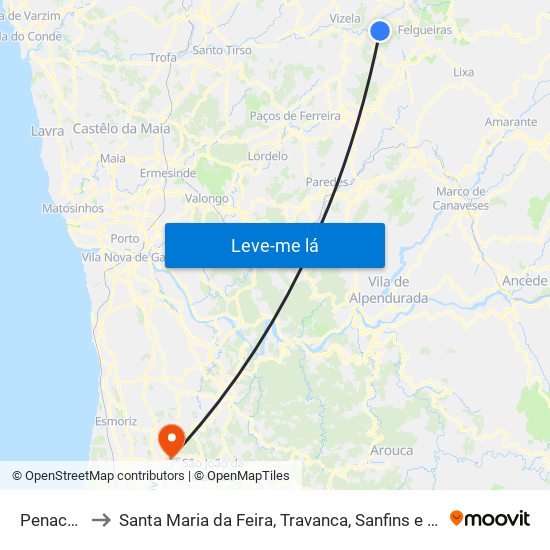 Penacova to Santa Maria da Feira, Travanca, Sanfins e Espargo map