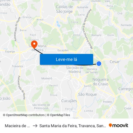 Macieira de Sarnes to Santa Maria da Feira, Travanca, Sanfins e Espargo map