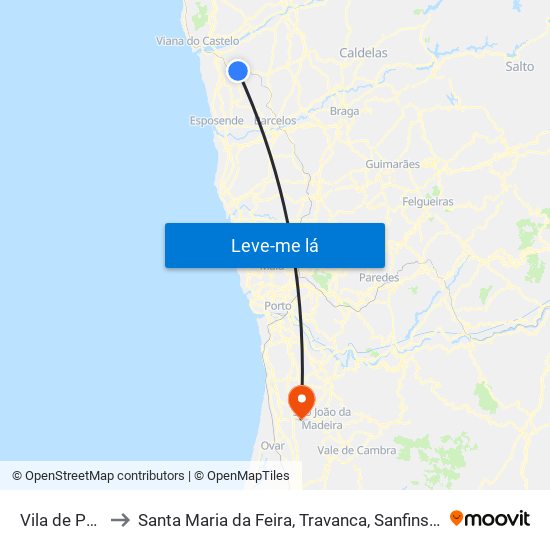 Vila de Punhe to Santa Maria da Feira, Travanca, Sanfins e Espargo map