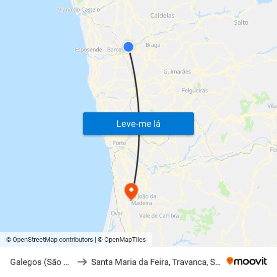 Galegos (São Martinho) to Santa Maria da Feira, Travanca, Sanfins e Espargo map