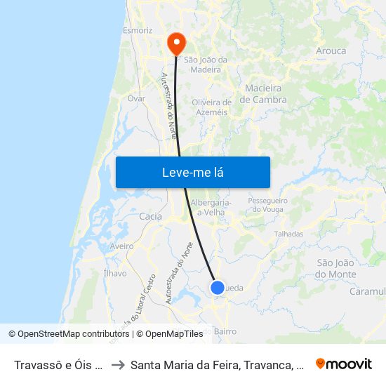 Travassô e Óis da Ribeira to Santa Maria da Feira, Travanca, Sanfins e Espargo map