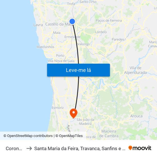 Coronado to Santa Maria da Feira, Travanca, Sanfins e Espargo map
