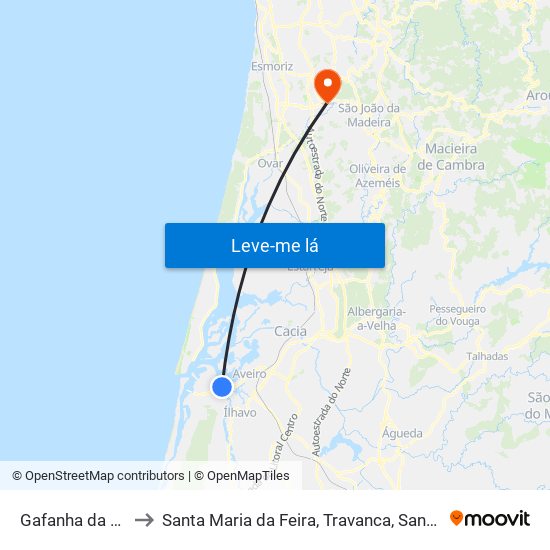 Gafanha da Nazaré to Santa Maria da Feira, Travanca, Sanfins e Espargo map