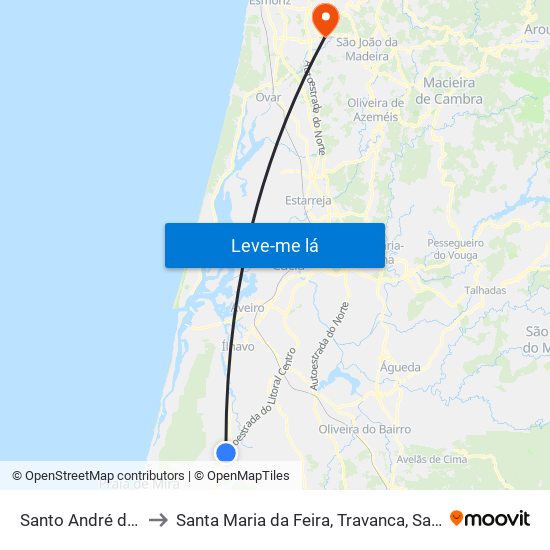 Santo André de Vagos to Santa Maria da Feira, Travanca, Sanfins e Espargo map