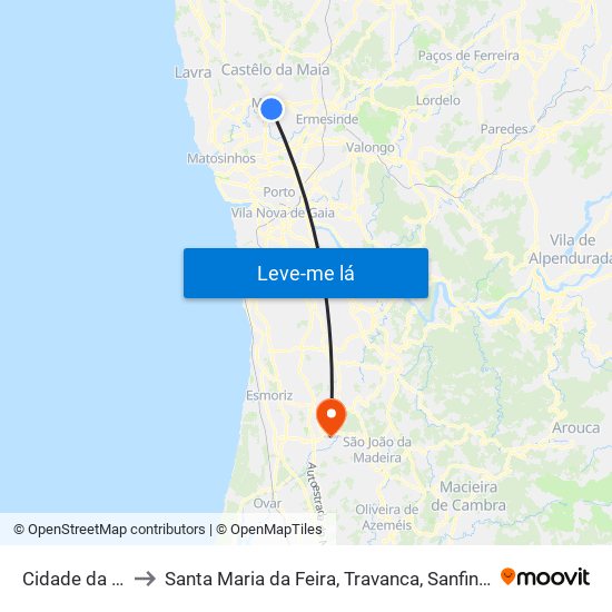 Cidade da Maia to Santa Maria da Feira, Travanca, Sanfins e Espargo map