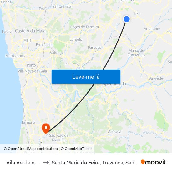 Vila Verde e Santão to Santa Maria da Feira, Travanca, Sanfins e Espargo map