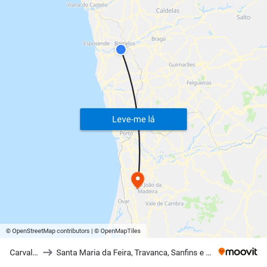 Carvalhal to Santa Maria da Feira, Travanca, Sanfins e Espargo map