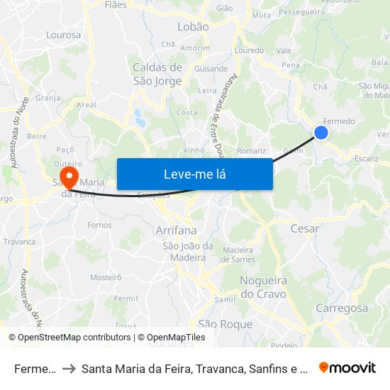 Fermedo to Santa Maria da Feira, Travanca, Sanfins e Espargo map
