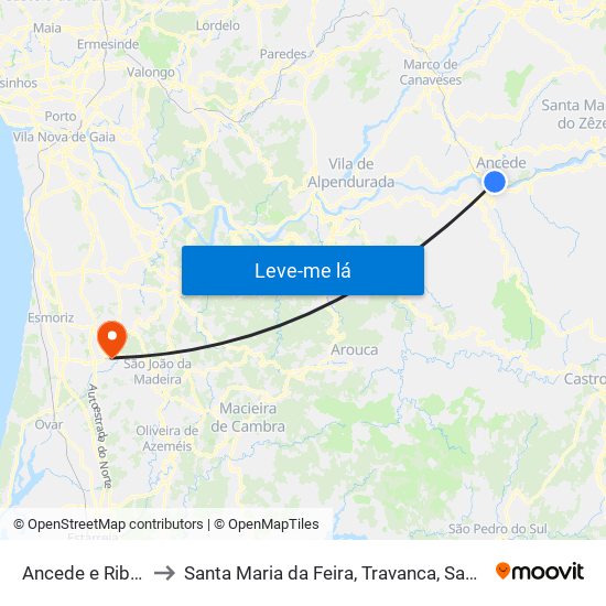Ancede e Ribadouro to Santa Maria da Feira, Travanca, Sanfins e Espargo map