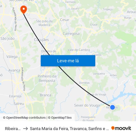Ribeiradio to Santa Maria da Feira, Travanca, Sanfins e Espargo map