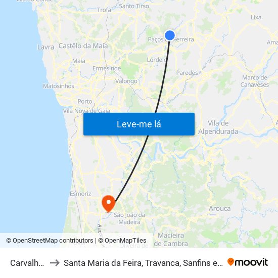 Carvalhosa to Santa Maria da Feira, Travanca, Sanfins e Espargo map