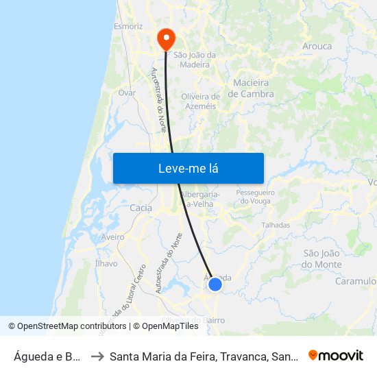 Águeda e Borralha to Santa Maria da Feira, Travanca, Sanfins e Espargo map