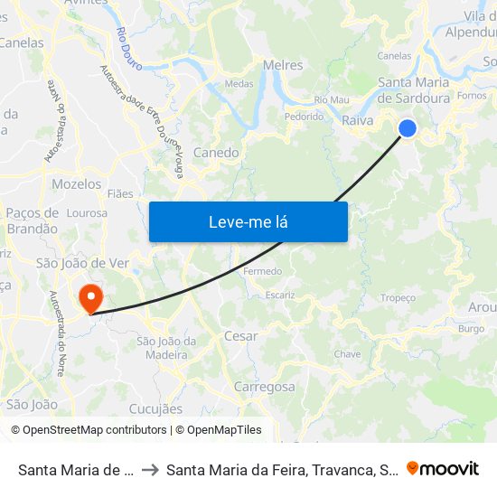 Santa Maria de Sardoura to Santa Maria da Feira, Travanca, Sanfins e Espargo map