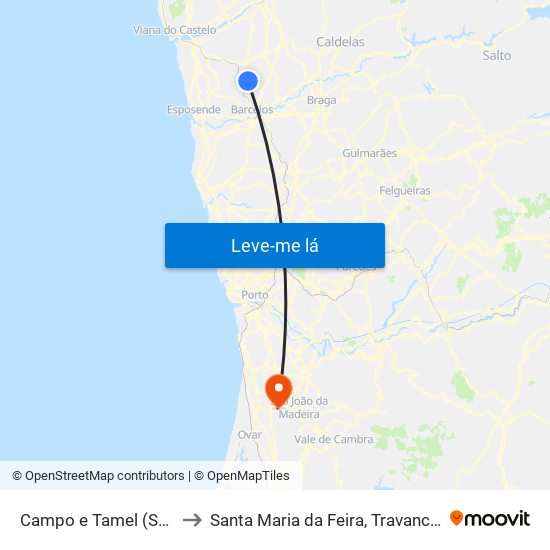 Campo e Tamel (São Pedro Fins) to Santa Maria da Feira, Travanca, Sanfins e Espargo map