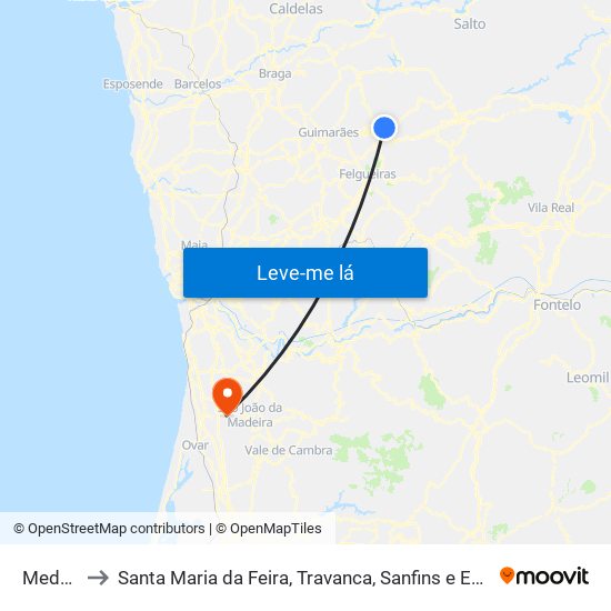 Medelo to Santa Maria da Feira, Travanca, Sanfins e Espargo map