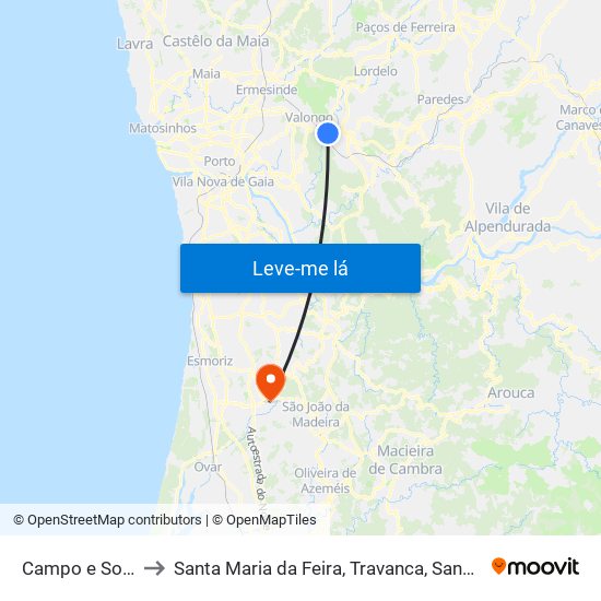 Campo e Sobrado to Santa Maria da Feira, Travanca, Sanfins e Espargo map