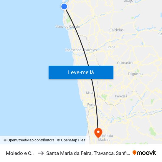 Moledo e Cristelo to Santa Maria da Feira, Travanca, Sanfins e Espargo map