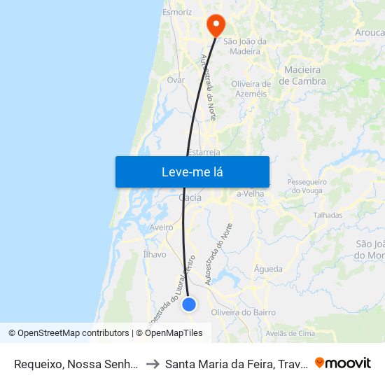 Requeixo, Nossa Senhora de Fátima e Nariz to Santa Maria da Feira, Travanca, Sanfins e Espargo map