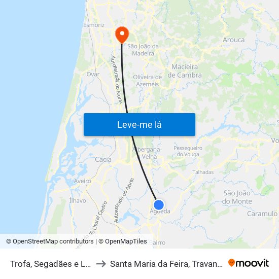 Trofa, Segadães e Lamas do Vouga to Santa Maria da Feira, Travanca, Sanfins e Espargo map