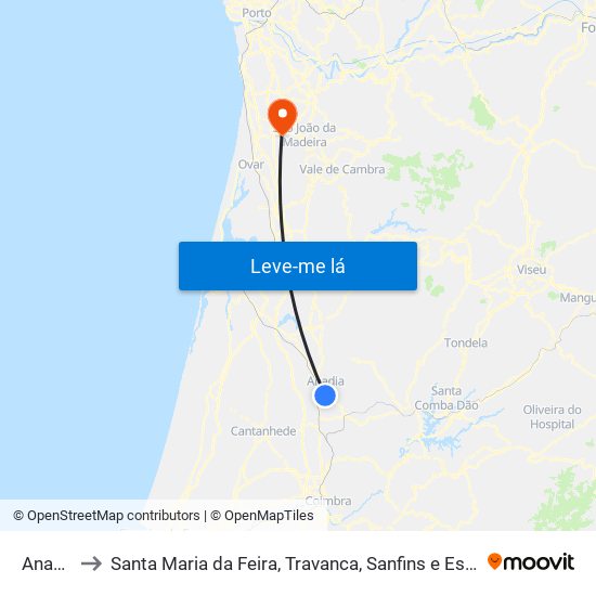 Anadia to Santa Maria da Feira, Travanca, Sanfins e Espargo map