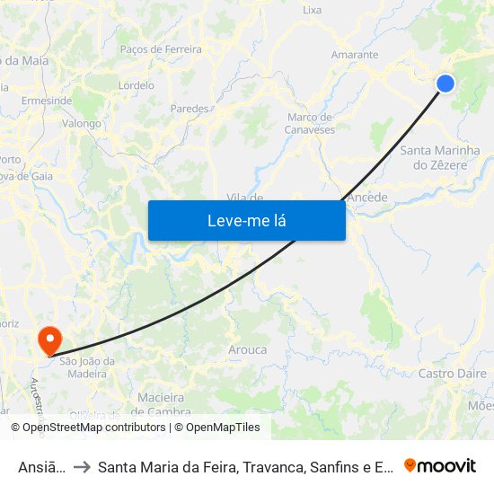 Ansiāes to Santa Maria da Feira, Travanca, Sanfins e Espargo map