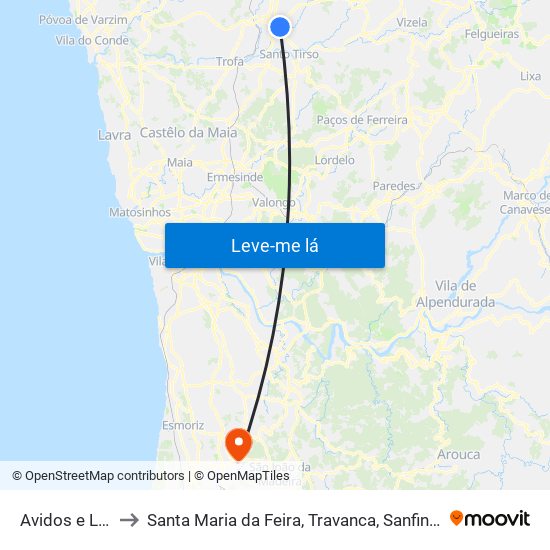 Avidos e Lagoa to Santa Maria da Feira, Travanca, Sanfins e Espargo map