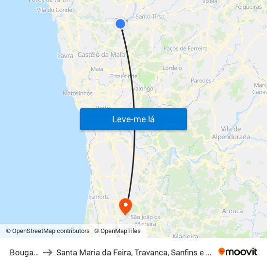 Bougado to Santa Maria da Feira, Travanca, Sanfins e Espargo map