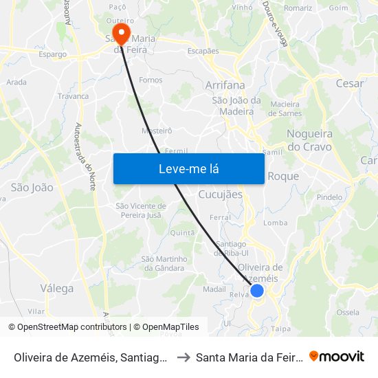 Oliveira de Azeméis, Santiago de Riba-Ul, Ul, Macinhata da Seixa e Madail to Santa Maria da Feira, Travanca, Sanfins e Espargo map