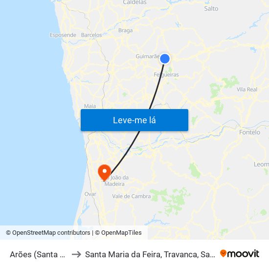 Arões (Santa Cristina) to Santa Maria da Feira, Travanca, Sanfins e Espargo map