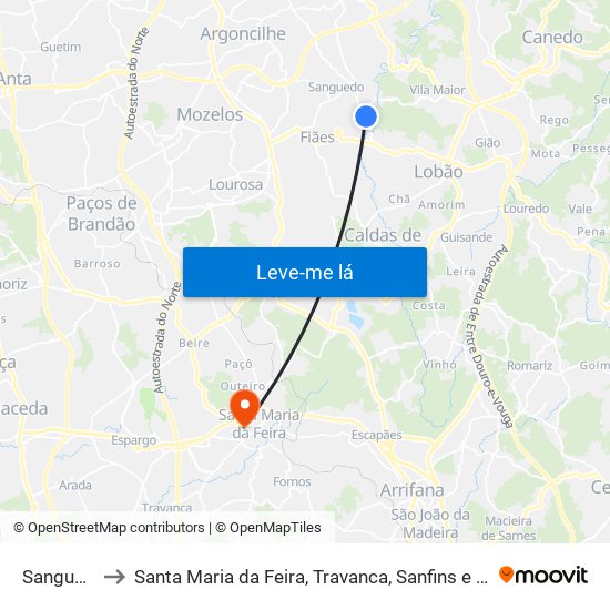 Sanguedo to Santa Maria da Feira, Travanca, Sanfins e Espargo map