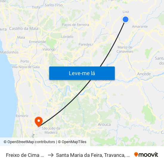 Freixo de Cima e de Baixo to Santa Maria da Feira, Travanca, Sanfins e Espargo map