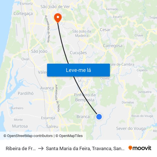 Ribeira de Fráguas to Santa Maria da Feira, Travanca, Sanfins e Espargo map