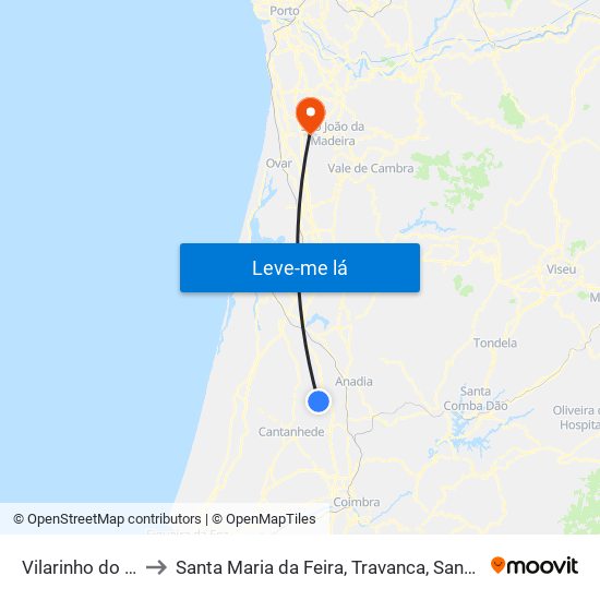 Vilarinho do Bairro to Santa Maria da Feira, Travanca, Sanfins e Espargo map