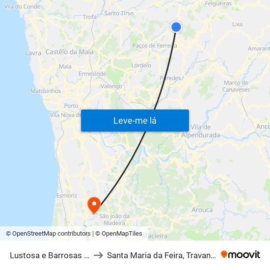 Lustosa e Barrosas (Santo Estêvão) to Santa Maria da Feira, Travanca, Sanfins e Espargo map