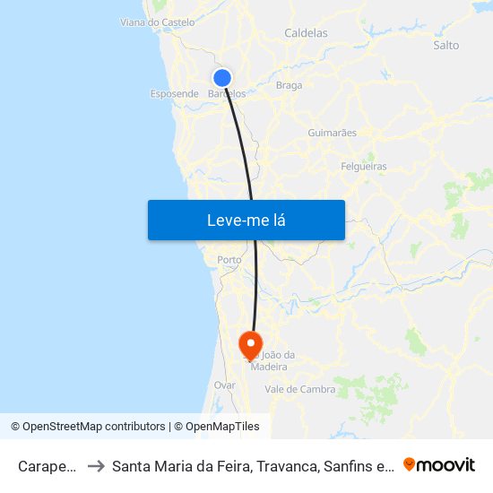 Carapeços to Santa Maria da Feira, Travanca, Sanfins e Espargo map