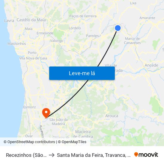 Recezinhos (São Mamede) to Santa Maria da Feira, Travanca, Sanfins e Espargo map