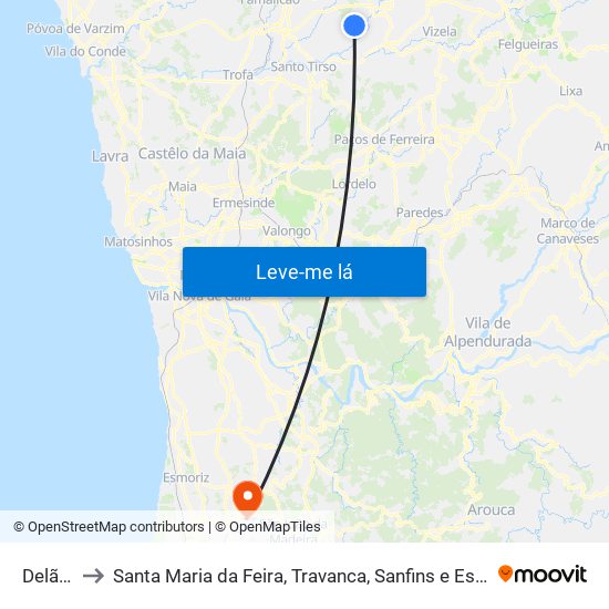 Delães to Santa Maria da Feira, Travanca, Sanfins e Espargo map