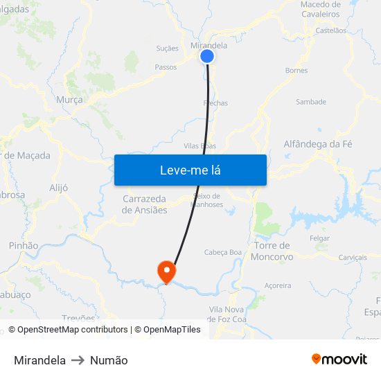 Mirandela to Numão map