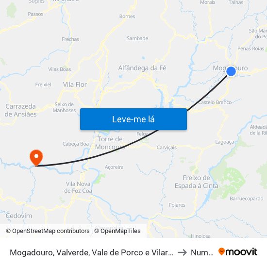 Mogadouro, Valverde, Vale de Porco e Vilar de Rei to Numão map