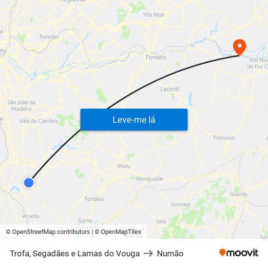 Trofa, Segadães e Lamas do Vouga to Numão map