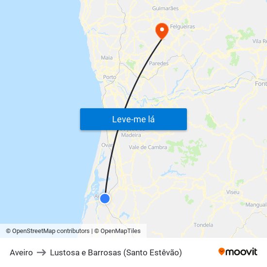 Aveiro to Lustosa e Barrosas (Santo Estêvão) map