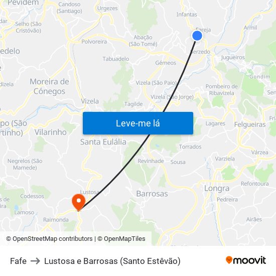 Fafe to Lustosa e Barrosas (Santo Estêvão) map