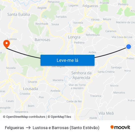 Felgueiras to Lustosa e Barrosas (Santo Estêvão) map