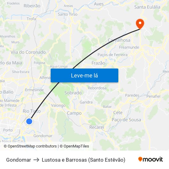 Gondomar to Lustosa e Barrosas (Santo Estêvão) map