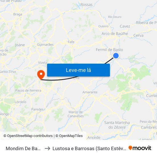 Mondim De Basto to Lustosa e Barrosas (Santo Estêvão) map